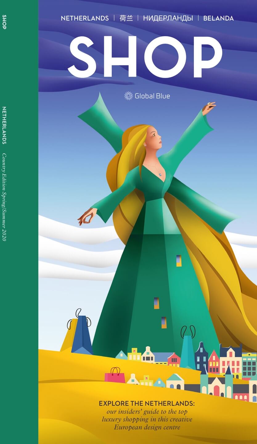 GB_Shop-Cover-Image Global Blue Magazine Cover presenting a colorful image with a woman and houses around her