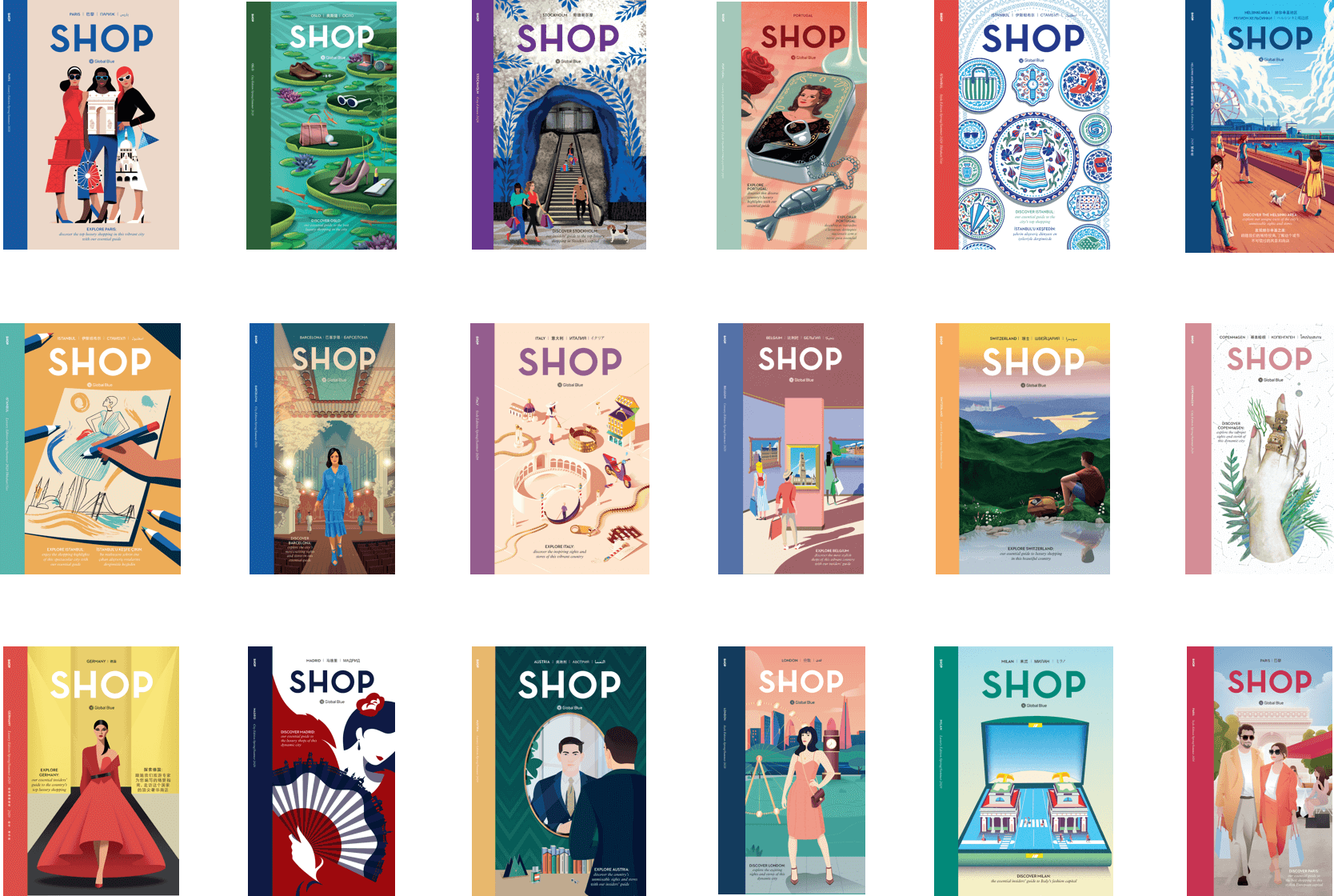 GB_Shop-Covers-Grid Multiple colorful Blobal Blue Magazine covers with various images