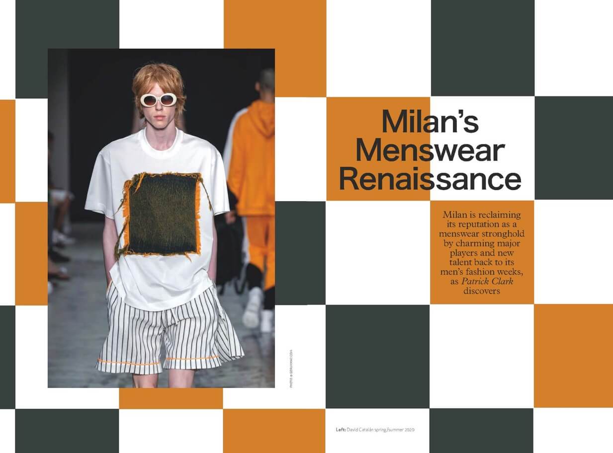 GB_Shop-Spread-One Inner pages of Global Blue Magazine showing a male model from Milan catwalk