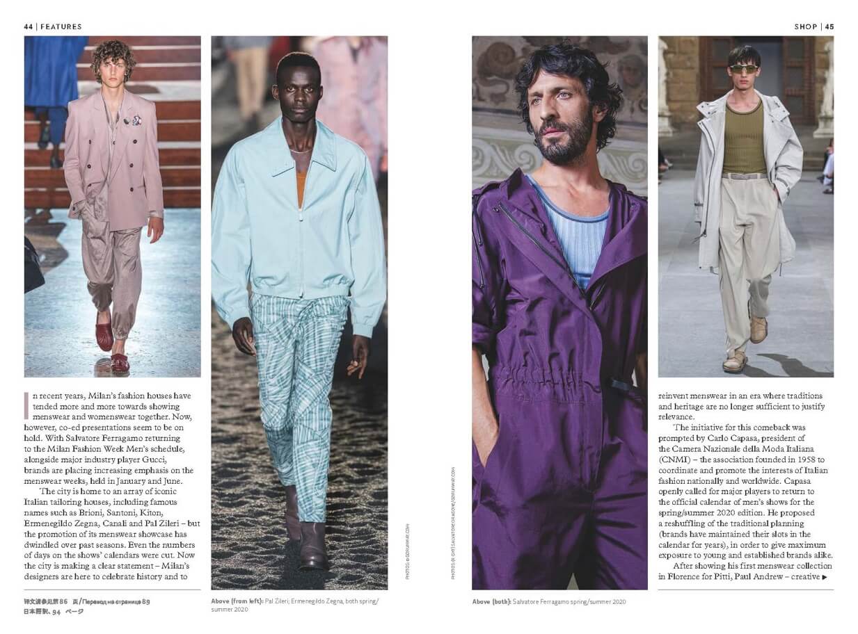 GB_Shop-Spread-Two Two pages from Global Blue Magazine with men photos from catwalk